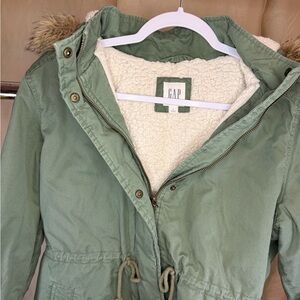 GAP Women's Olive Parka Jacket with Faux Fur Hood